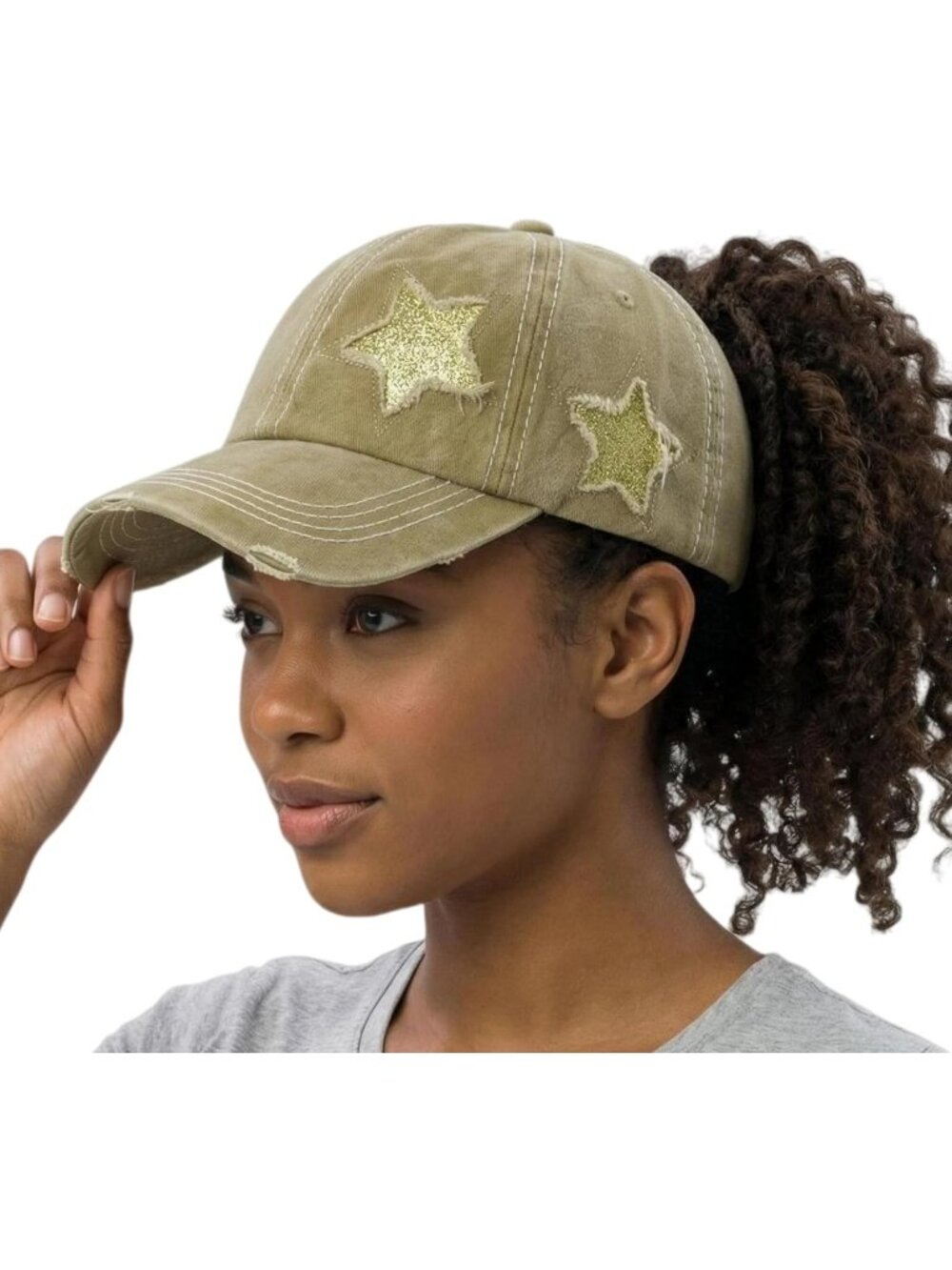〽️Women Star Khaki High Ponytail Baseball Cap Trucker Bad Hair Day Adjustable